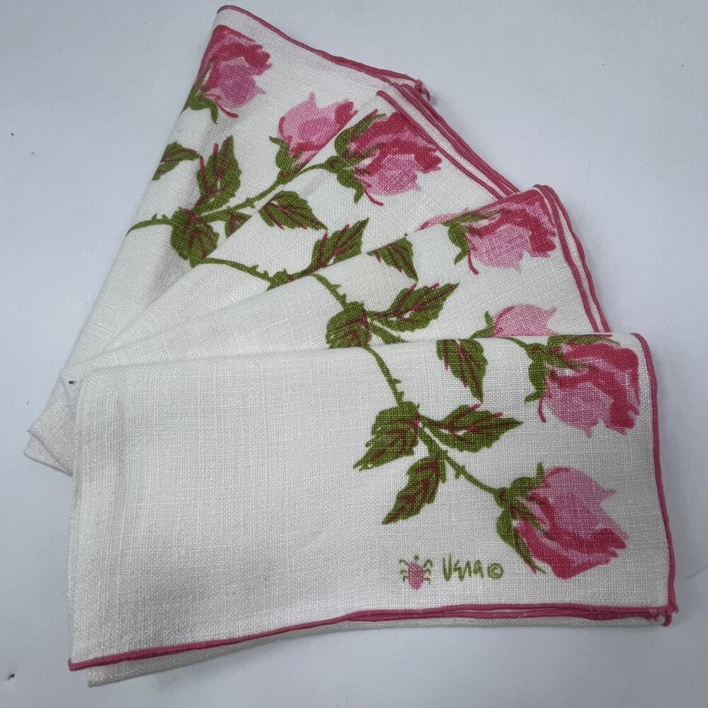 Vera Napkins Set of 4 Vtg Pink Roses Floral White Linen Signed 16 Inch FLAWS